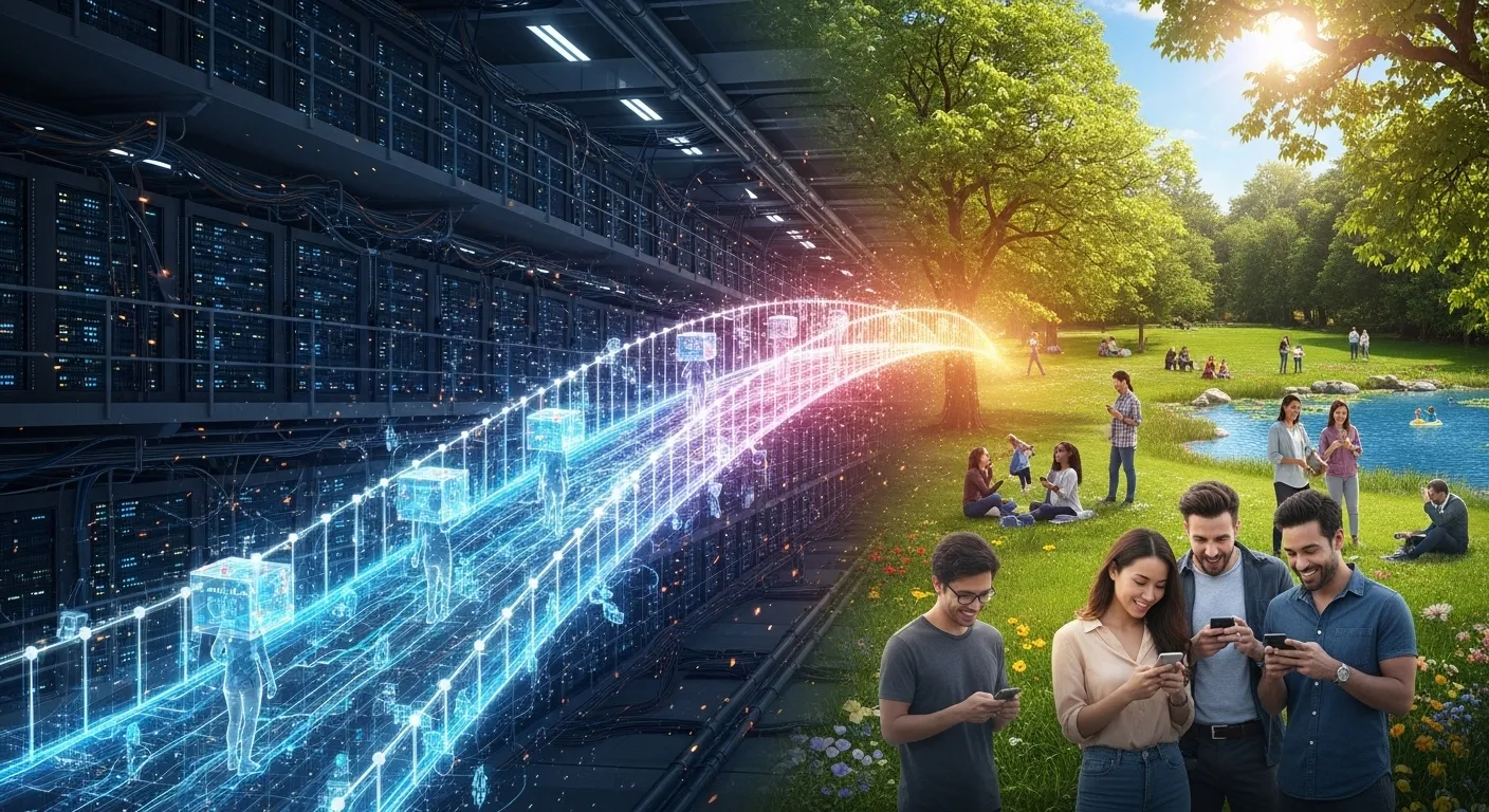 Визуализация цифровой пропасти между технической элитой и обычными пользователями, соединенной мостом ИИ