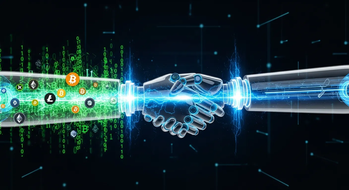 Цифровое рукопожатие двух роботов, поток кода и криптовалюты