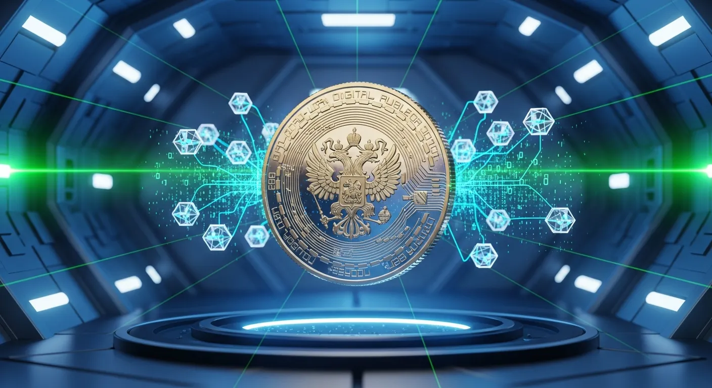 3D-визуализация Цифрового Рубля как светящейся золотой монеты с гербом, парящей в окружении блокчейн-цепей