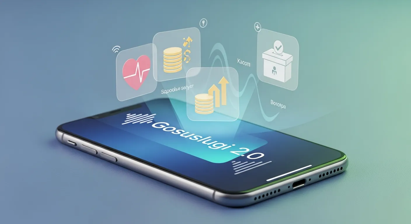 Крупный план смартфона с запущенным суперприложением 'Госуслуги 2.0', демонстрирующим голографический интерфейс