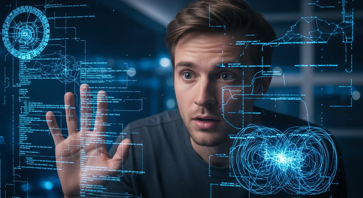 Человек за стеклом наблюдает за цифровым потоком ИИ