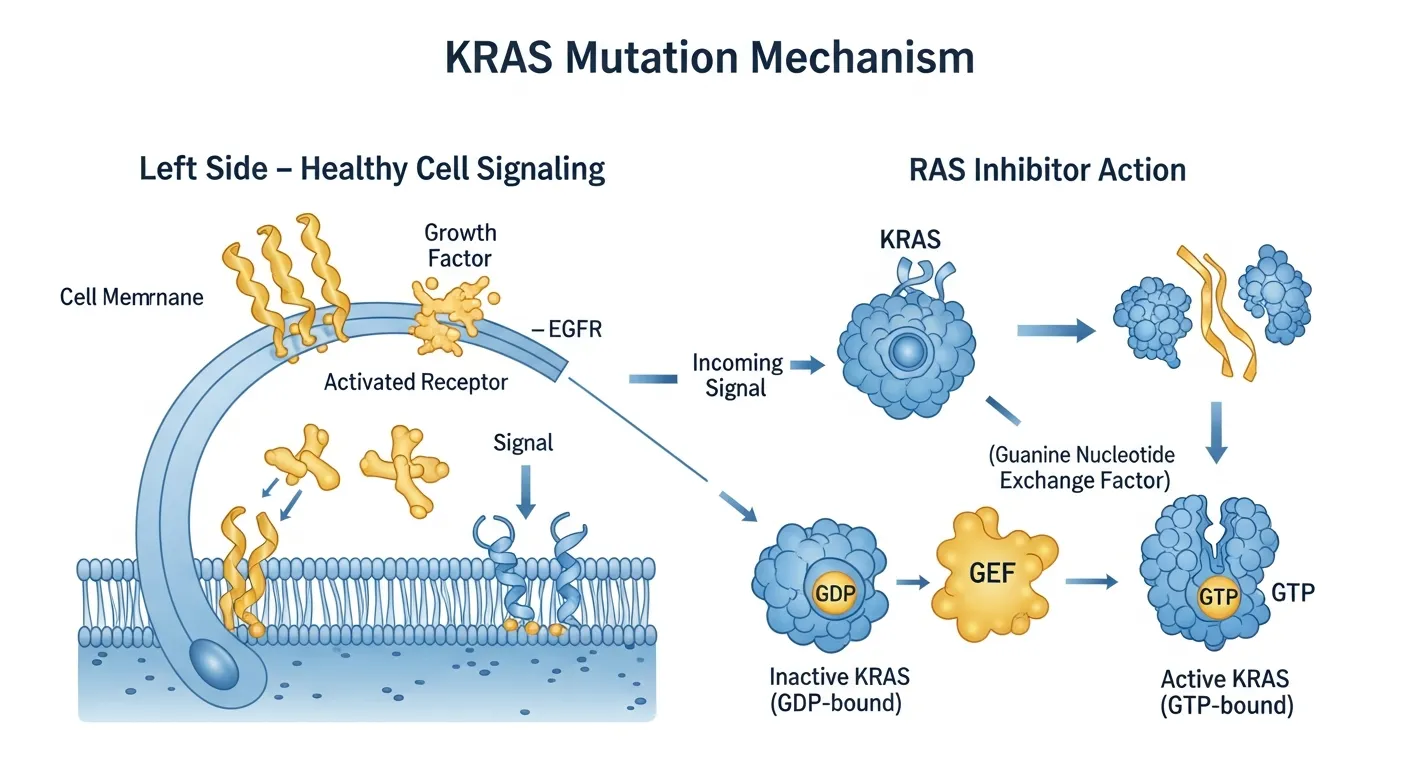 Схема механизма мутации KRAS и действия ингибитора