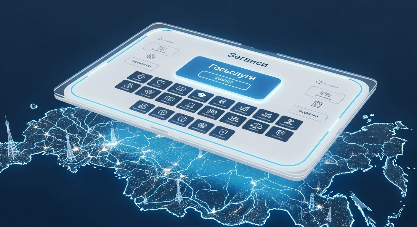 Абстрактная визуализация концепции 'Государство как Платформа': интерфейс, соединяющий граждан и сервисы над картой России