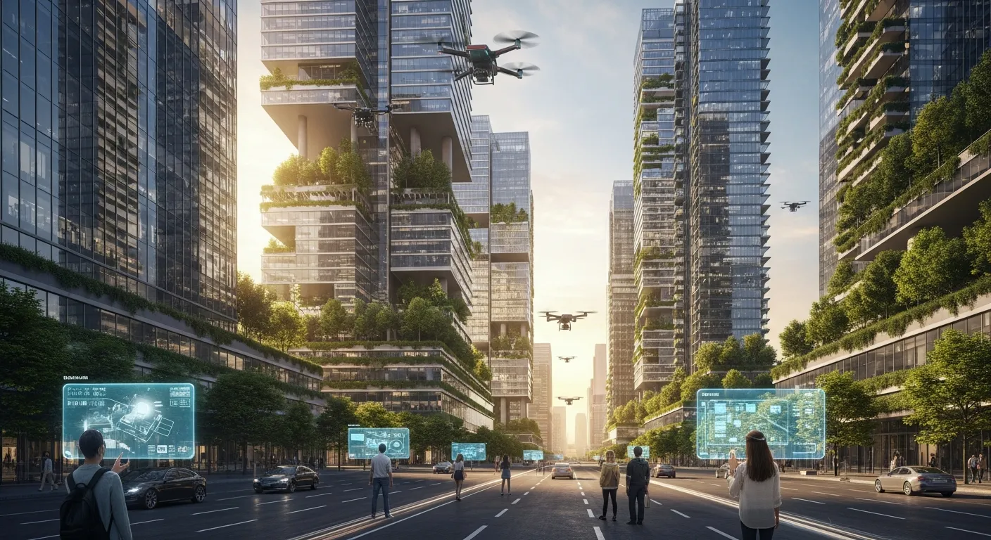 Futuristic city dominated by AI