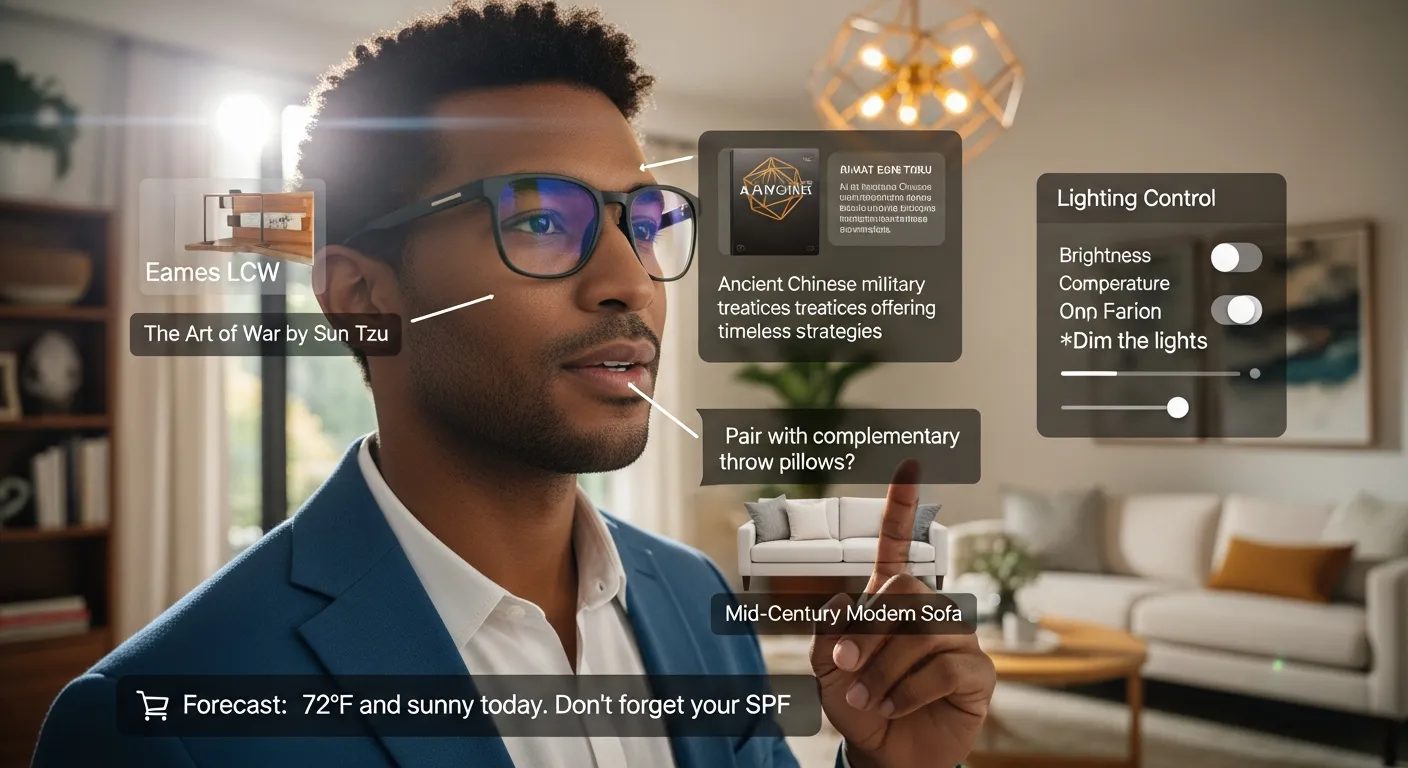 Вид через очки Project Astra с AR-интерфейсом