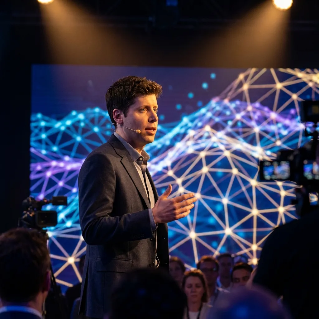 Сэм Альтман на сцене на фоне абстрактной нейросети