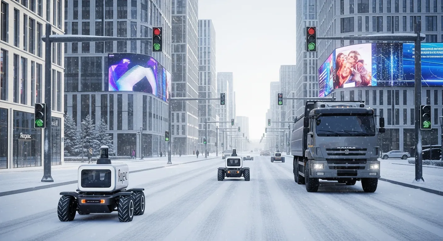 Улица Москвы 2026 года с автономным транспортом, роботами-доставщиками и умной инфраструктурой зимой