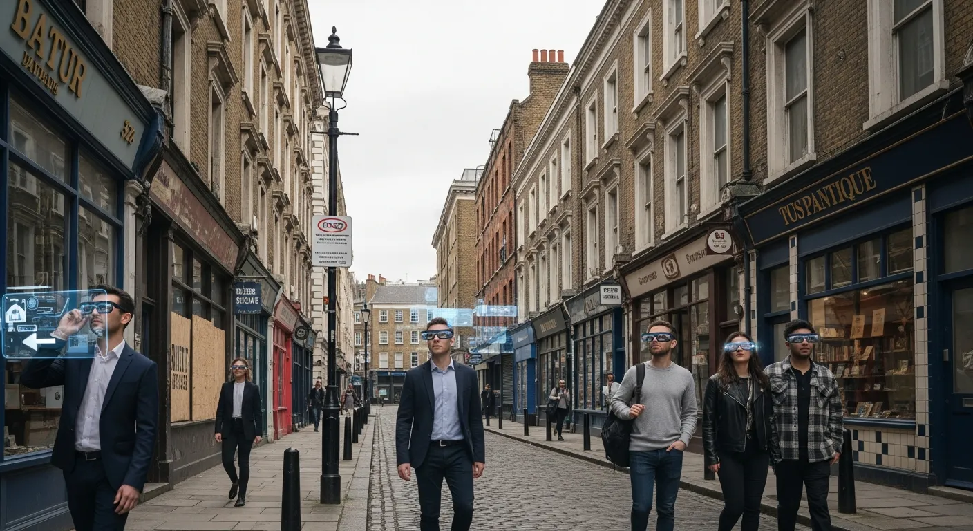 Люди в AR-очках на фоне старых зданий