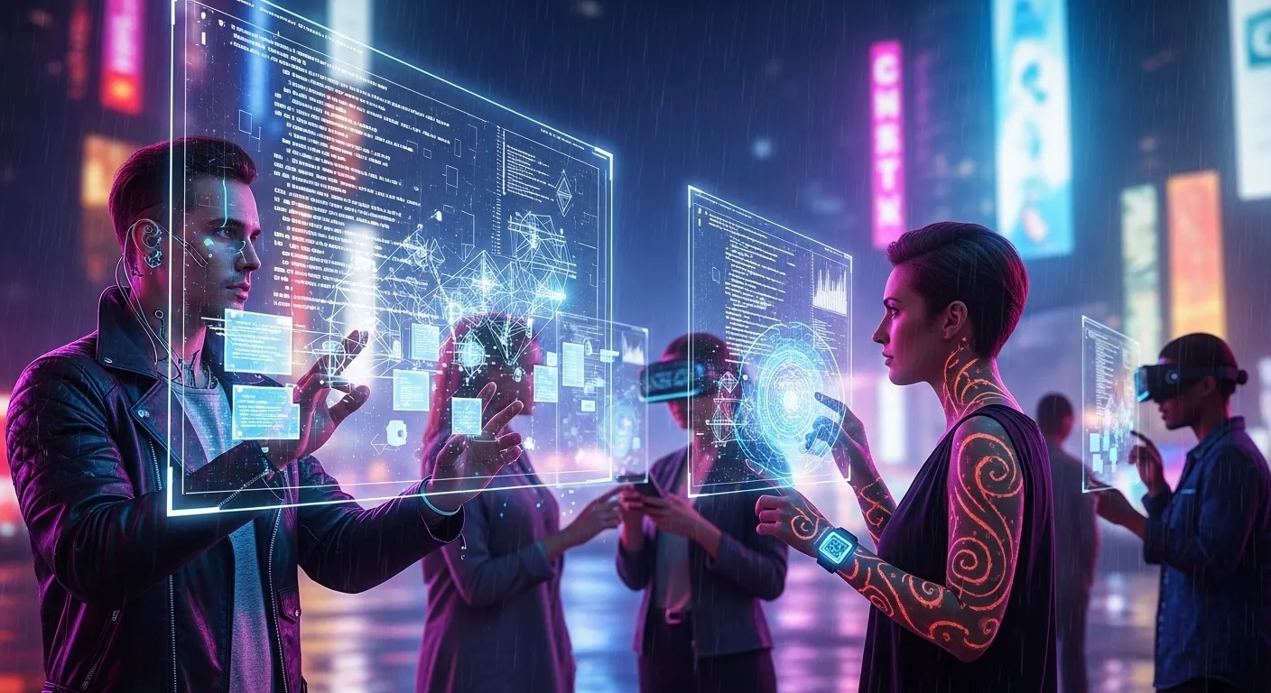 Футуристический интерфейс Vibe Coding, где человек управляет кодом голосом и жестами